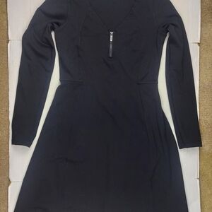 Athleta Black Long Sleeve Dress Princess Fit Zip Front V Neck Stretch Knit ST